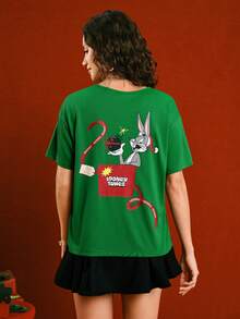 LOONEY TUNES X SHEIN Women's Christmas Cartoon Pattern Round Neck Short Sleeve T-Shirt - Green - View 3