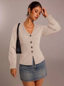 SHEIN Forever 21 Fall & Winter V-Neck Fitted Kawaii Clothes Funny New Years Eve Party Women Long Sleeve Women Cardigan Sweater , Y2k Clothes Street Wear Women Knitted Women Sweater - Apricot - View 8