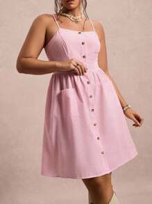 SHEIN VCAY Plus Size Pastel Pink Summer Casual Striped Sleeveless Midi Dress,Smart Casual Vacation Holiday Curve Sundress With Pockets,Bohemian Teacher Outfits - Multicolor - View 2