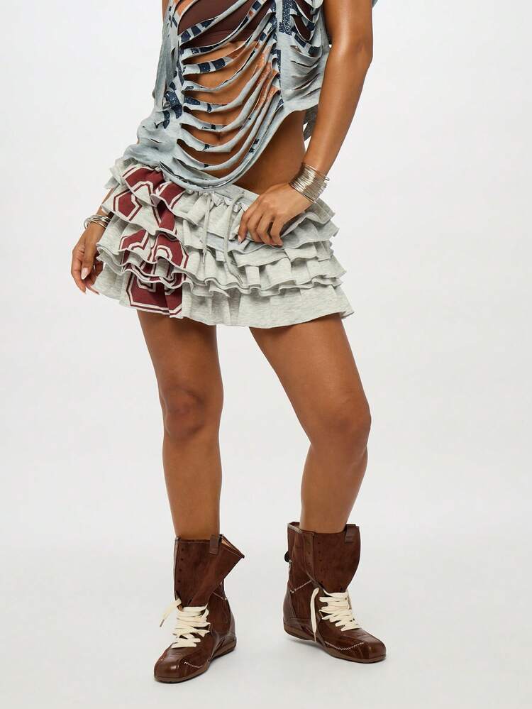 SUMWON WOMEN Tiered Ruffle Mini Skirt With Varsity Logo Print