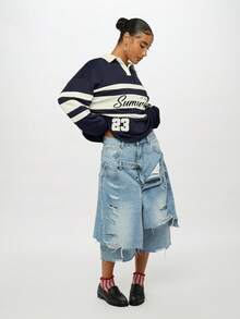 SUMWON WOMEN 超大号大学运动服长袖 Polo 橄榄球上衣，带有运动白色条纹印花和经典撞色领子，秋冬街头时尚必备单品 - 藏蓝色 - 查看 6