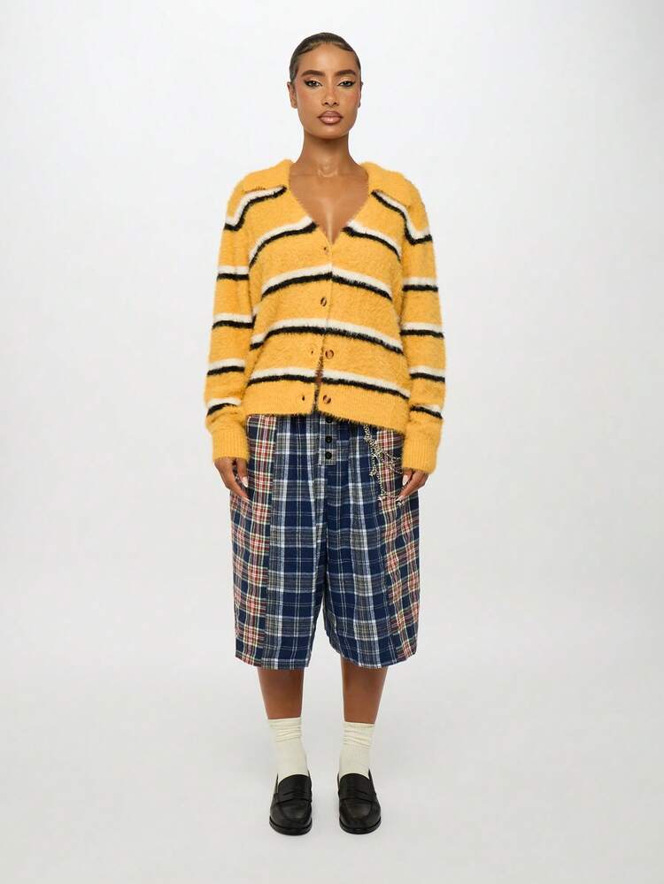 SUMWON WOMEN Fuzzy Striped Button Front Cardigan With V Neck