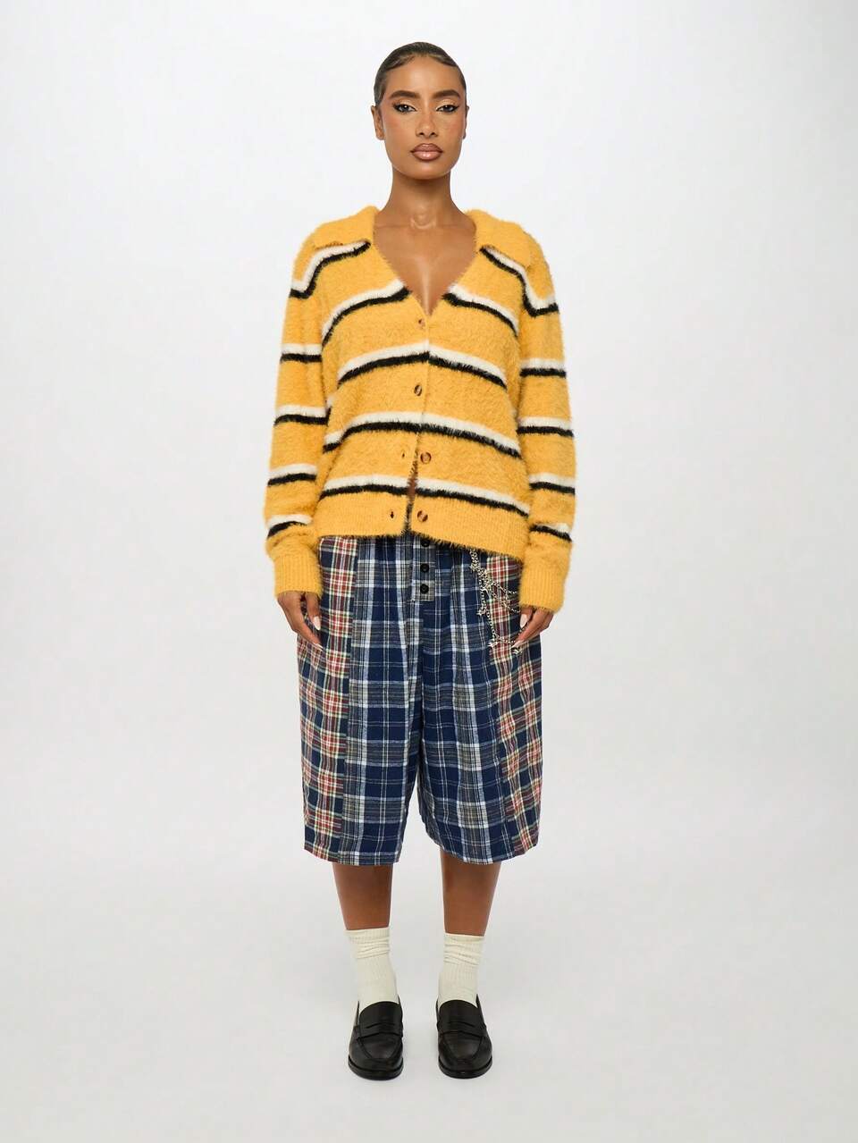 SUMWON WOMEN Fuzzy Striped Button Front Cardigan With V Neck