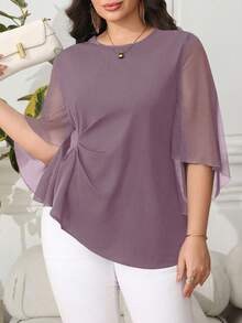 Reflora Plus Size Elegant Commuter Solid Color Bell Sleeve Shirt - Dusty Purple - View 5