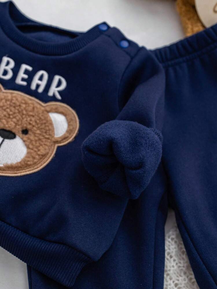 SHEIN 新生女婴可爱卡通图案长袖上衣套装，秋冬 - 藏蓝色 - 查看 7