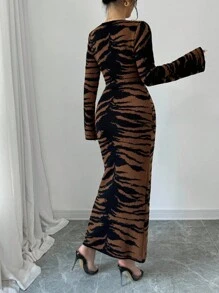 Elenzga 女士圆领长袖时尚修身优雅迷人拼色紧身连衣裙 - 咖啡棕 - 查看 2