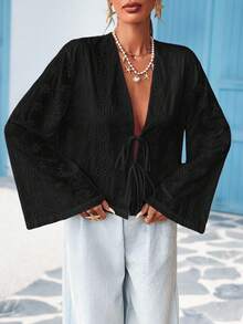 Vivid Eden 女士休闲纯色梭织长袖前系带宽松衬衫 - 黑色 - 查看 7
