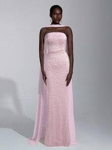 Elitara Elegant Luxury 3D Beaded Strapless Bodycon Maxi Dress With Detachable Halter, Suitable For Dates, Vacations, Singles' Parties, Birthdays, Graduations, Weddings, Formal Galas