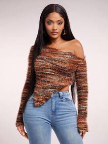 Radiana Top sexy casual vintage pentru femei, toamnă/iarnă, Maillard, maro, asimetric, cu mânecă lungă, pulover tricotat, moale și confortabil pentru toamnă/iarnă, pulover cu umăr dezbrăcat, top scurt cu umăr dezbrăcat, top scurt, maro ruginiu, top, pulover cu umăr dezbrăcat