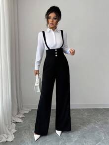 Elenzga Quần ống đứng thanh lịch lãng mạn dành cho nữ có dây đeo ở eo và nút cài trang trí - màu đen - Xem 6