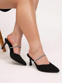 CUCCOO CURVES Plus Size Women's Pointed Toe High Heel Rhinestone Embellished T-Strap Fashion Dress Pumps - Black - View 5