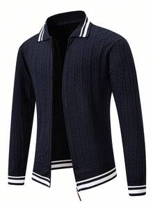 Manfinity Homme Men's Striped Long Sleeve Zip-Up Casual Knit Cardigan, Autumn - Navy Blue - View 3
