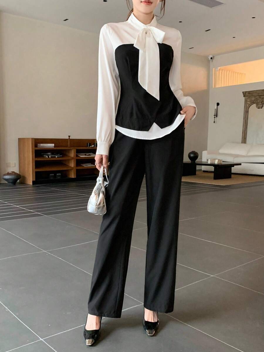 Conjunto de dos piezas para adolescentes con camisa elegante de contraste blanco y negro con lazo y pantalones negros casuales, ropa de primavera y otoño, ropa interior de otoño e invierno, ropa de vuelta al colegio, para fiestas - Blanco y Negro - Ver 1