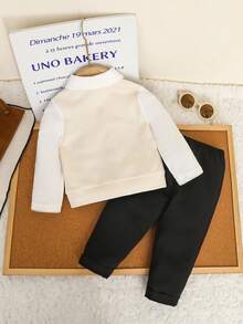 SHEIN 2pcs Baby Boy Preppy Gentleman Style Colorblock Knit Polo Shirt With Bowknot And Pants Set,Black And White,Elegant,Modest,Formal Wedding Party - Black - View 2