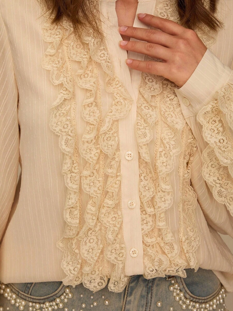 Enchnt Fall/Winter Romantic Women's Elegant Fashion Apricot Casual Romantic Lace Trim Button-Up Long Sleeve Shirt,Sweet&Elegant For Vacation&Date&Holiday&Wedding Guest&Beach&Afternoon Tea,Vestidos Elegantes De Mujer,Vestidos Elegantes Para Fiesta,Fall Shirt For Women,Autumn Clothes