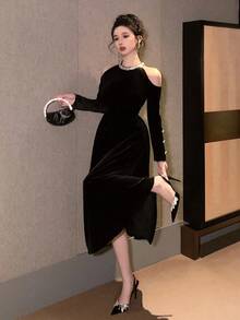 DAZY Váy dự tiệc thanh lịch khoét vai và đính đá, dáng dài vừa phải dành cho nữ, váy dạ hội mùa thu - màu đen - Xem 10