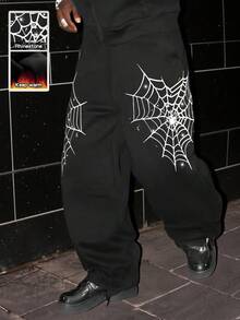 Manfinity EMRG Men's Wide Leg Sweatpants With Spider Pattern Print,Black And White,Summer,Streetwear,City Break,Y2k Loose Drawstring Waist Fashionable Street Wear - Black - View 1