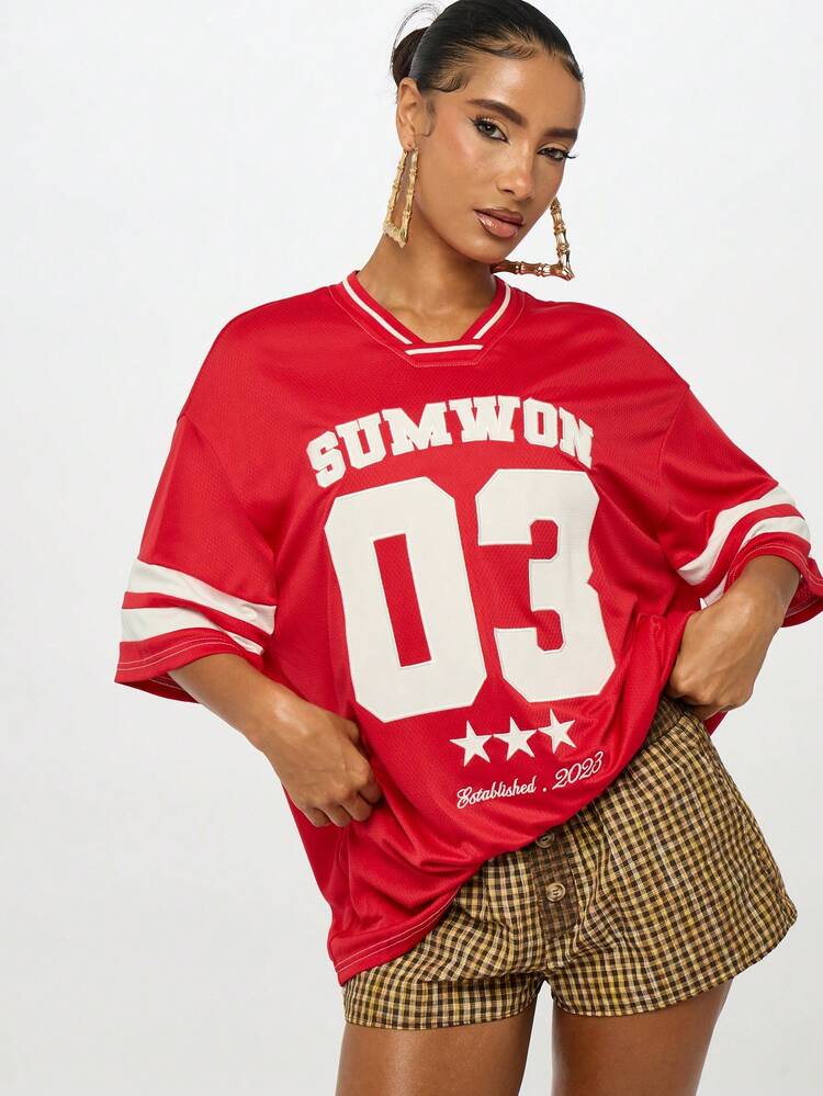 SUMWON WOMEN Oversized Varsity Jersey With Contrast Sports Stripes