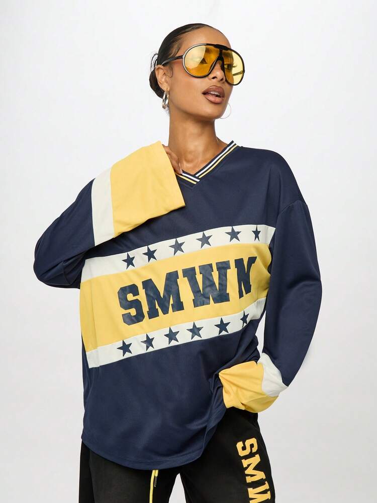 SUMWON WOMEN Oversized Varsity Jersey With Star Details And Colorblock Design