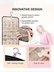 大容量珠宝收纳袋 - 双面壁挂式壁橱收纳，带挂钩，可挂耳环/项链/戒指 | 防尘优质涤纶门收纳袋（黑色情人节礼物创意） - 淡紫色 - 查看 3