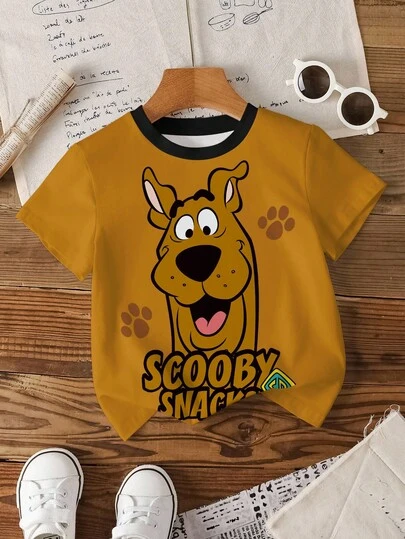 SCOOBY-DOO X SHEIN Young Boy Casual Cartoon Dog & Letter Print Contrast Neck Short Sleeve T-Shirt, Summer