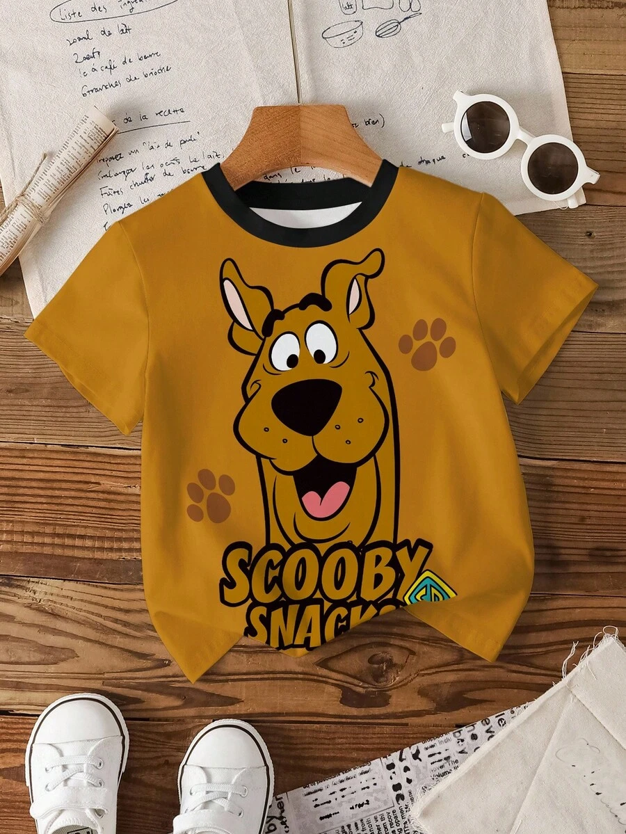 SCOOBY-DOO X SHEIN Young Boy Casual Cartoon Dog & Letter Print Contrast Neck Short Sleeve T-Shirt, Summer - White - View 1