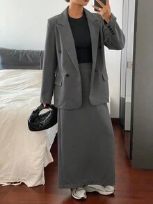 DAZY 女士秋季长款西装外套和中长裙套装商务装 - 灰色 - 查看 1
