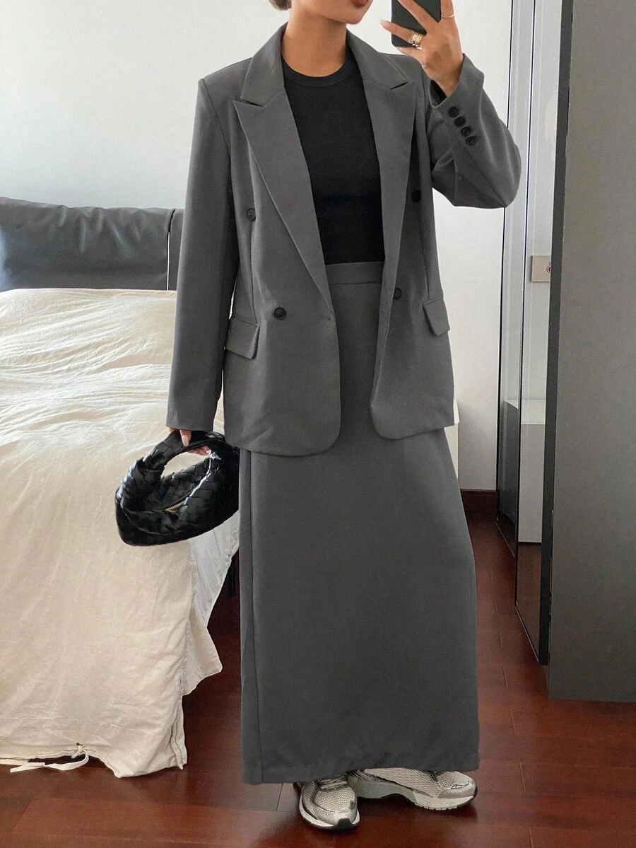 DAZY 女士秋季长款西装外套和中长裙套装商务装 - 灰色 - 查看 1