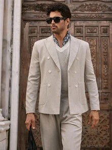 Manfinity VCAY 2 件男士意大利复古浅米色轻便商务休闲西装，纹理正装 - 米色 - 查看 7