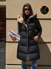 SHEIN Tall Two-Tone Hooded Pocket Zipper Stand Collar Mid-Length Padded Coat