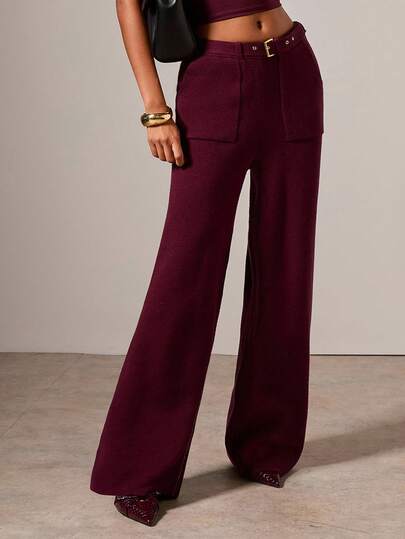 COSMINA 秋冬女士纯色腰扣设计口袋阔腿宽松休闲针织裤