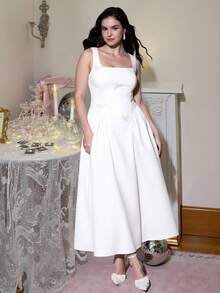 SHEIN MOD 春夏新款大码女式复古水钻链条白色露背中长连衣裙，优雅连衣裙，适合派对、宴会、音乐节、姐妹聚会、节日 - 白色 - 查看 3