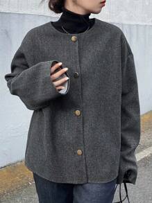 FRIFUL 女士圆领金属纽扣装饰宽松羊毛质感休闲通勤常规夹克女式外套 - 灰色 - 查看 1
