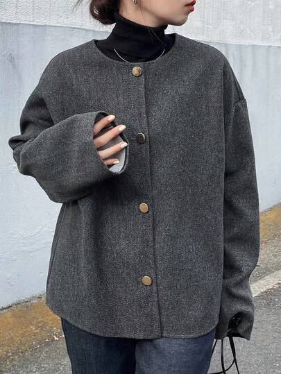 FRIFUL 女士圆领金属纽扣装饰宽松羊毛质感休闲通勤常规夹克女式外套