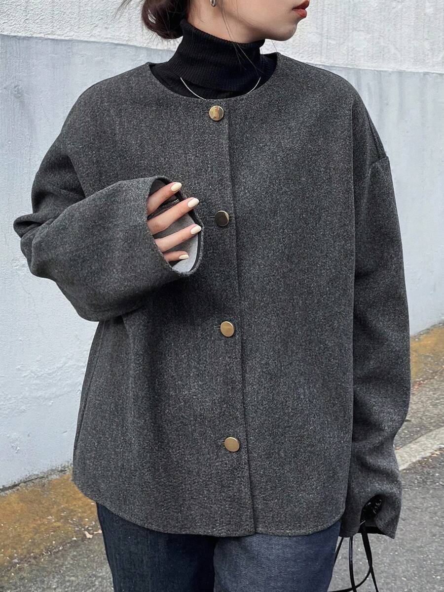 FRIFUL 女士圆领金属纽扣装饰宽松羊毛质感休闲通勤常规夹克女式外套 - 灰色 - 查看 1