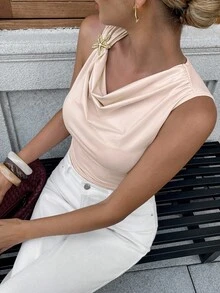 Pariaura Women's Apricot Pink High Elastic Knitted Fabric Sleeveless Tight Slimming Sexy Party Vacation Travel Date Starfish Metal Button Outer Wear Bottoming Women's Top Beach Cruise Music Festival Boho Draped Collar Swing Collar Casual Street College Old Money Style Cool 2025 New Spring/Summer/Autumn/Winter Tank Tops