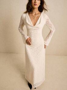 Poéselle 女士优雅通勤纯色提花垂坠领喇叭袖连衣裙 - 杏色 - 查看 7