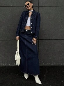 DAZY Women's Casual Washed Denim Jacket And Mini Skirt Set, Autumn