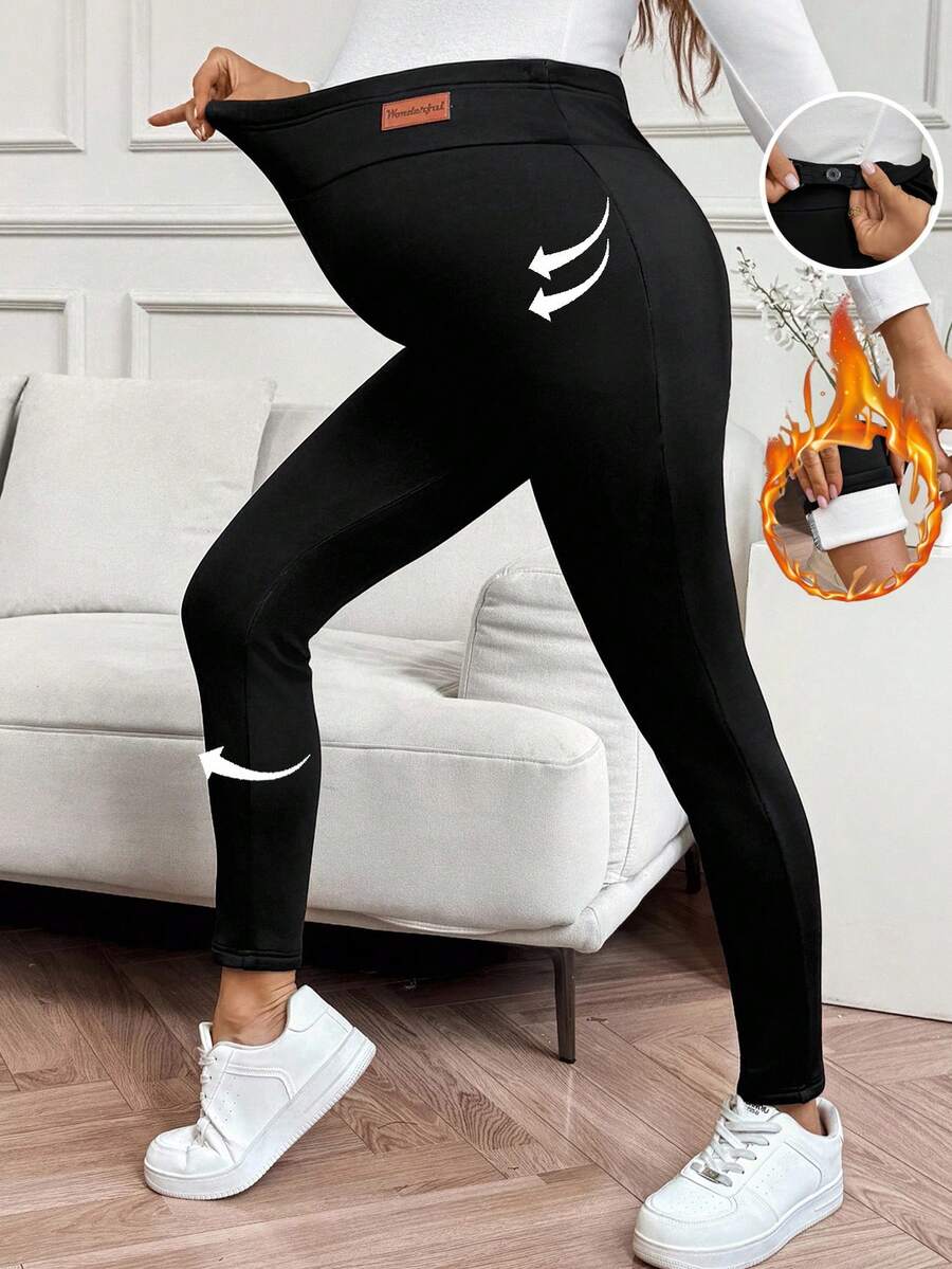 SHEIN Ropa de otoño, ropa de otoño, ropa de maternidad de otoño/invierno, ropa de maternidad de otoño, ropa de otoño, maternidad de otoño/invierno, leggings casuales con cintura ajustable y forro térmico con bordado de letras de maternidad, leggings de invierno de maternidad, leggings de maternidad, ropa deportiva de maternidad de invierno, leggings con forro térmico, ropa de embarazo para hacer ejercicio, ropa de maternidad para hacer ejercicio, ropa deportiva de embarazo - Negro - Ver 1