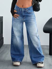 EURMUSE HIGH WAIST WIDE LEG CASUAL STYLE DENIM - Medium Wash - View 7