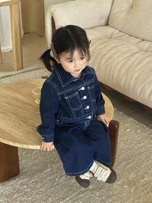 SHEIN 2pcs Baby Girls Navy Blue Denim Lapel Long Sleeve Jacket And Loose Pants Set Fall Winter