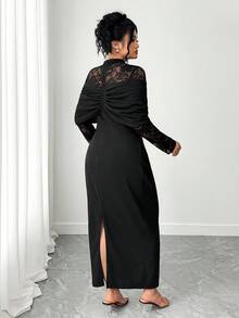 SHEIN Elenzya Plus Size Women's Stand Collar Long Sleeve Fitted Sexy Lace Patchwork Elegant Dress Fall Cloth For Women