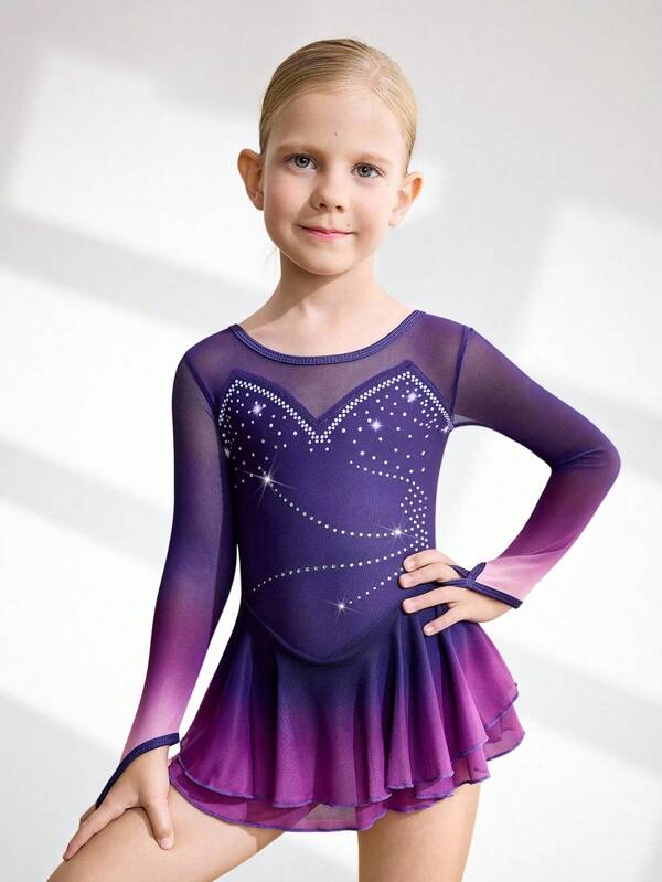 Young Girls' Purple Ombre Figure Skating Dress, Sparkly Rhinestone Decorated, Stretchy & Silky Mesh Skating Costume Fall Winter