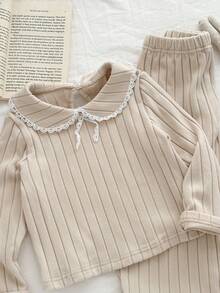 Genkimix Kids Mädchen Kleinkind Set mit Peter-Pan-Kragen, Spitzenbesatz, Langarm-Oberteil und weiter Hose