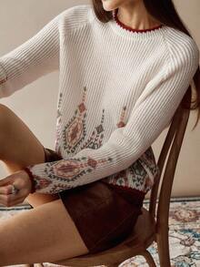 Florisole Áo len dệt kim cổ tròn tay raglan phối màu cổ điển - trắng - Xem 6