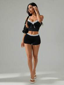 SHEIN PETITE Women's Lace Patchwork Bow Decor Cropped Camisole And Shorts Bodycon Sexy 2 Pieces Set ,Petite Women - Black - View 5