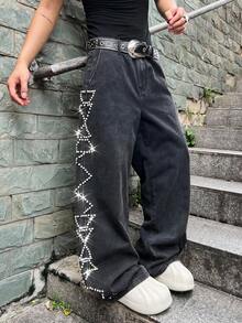 Manfinity EMRG 大码男士休闲水洗水钻装饰牛仔裤 - 黑色 - 查看 7