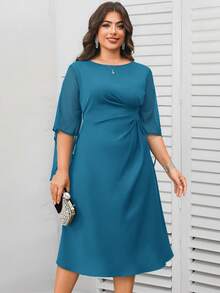 Reflora Elegantes Midi-Kleid in Unifarbe mit Taillengürtel in Große Größen, geeignet für den Berufsalltag