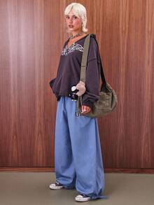 COUREZ Quần ống rộng cạp thấp kiểu quần dù với họa tiết sinh viên / Trang phục đi chơi phong cách Y2K mùa thu, quần áo nữ mùa thu, quần áo mùa đông, quần ống rộng đi học. - Màu xanh lam - Xem 2