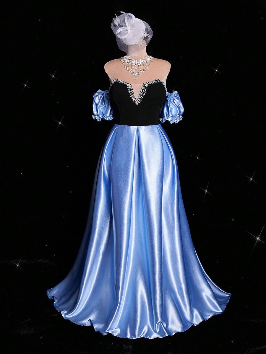 Viva Relle 大码女式优雅浪漫派对鸡尾酒婚礼宾客礼服，蝴蝶结露肩仿珍珠装饰泡泡袖，塔夫绸腰部收紧 A 字飘逸长裙 - 彩色 - 查看 1